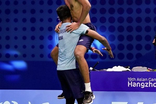 Chirag Shetty Celebrates His Win Against Korean Pair At The 19th Asian Games After Winning Men's Doubles Badminton
