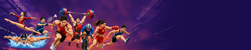 Collage of Asian Games 2026 athletes in action across athletics, badminton, taekwondo, table tennis, cycling and swimming