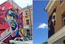 World Cup 2018 Lionel Messi Mural Next Cristiano Ronaldo In Kazan Argentina Portugal
