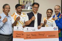 Sports Minister Kiren Rijiju Felicitates Boxers Amit Panghal Manish Kaushik With Cash Awards
