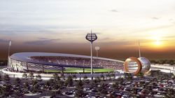 Varanasi Cricket Stadium Lord Shiva Trishul Floodlights Crescent Roof Covers Damru Commentary Box