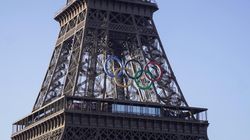 Paris Olympics Organisers Unveil A Display Of The Five Olympic Rings Mounted On The Eiffel Tower