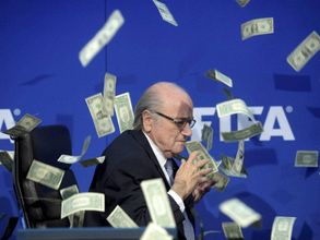 English comedian showers fake notes on FIFA chief Sepp Blatter