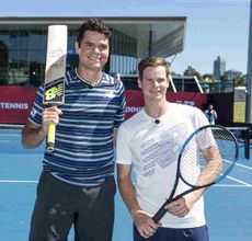 Steve Smith picks up racquet against Milos Raonic