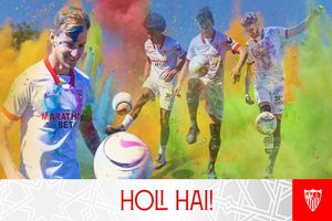 Sevilla players splash themselves with colours to celebrate Holi