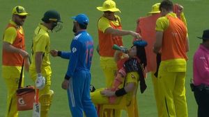 Virat Kohli dances in front of Labuschagne as Steve Smith sits on chair with ice pack on head in Rajkot heat