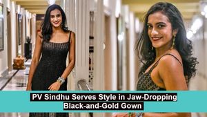 PV Sindhu Aces Fashion in Stunning Black-and-Gold Ombre Gown, Complete with Crystal Beads and Bold Aqua Jewellery