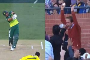 సిక్సు షాట్‌ను స్టేడియం నుంచి క్యాచ్ అందుకున్న అభిమాని(వీడియో)