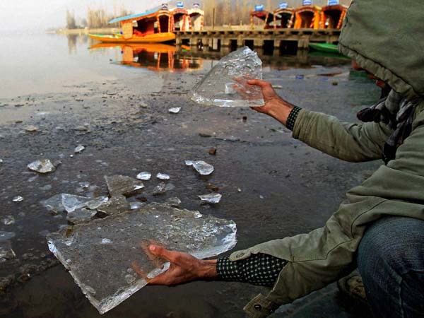 Frozen water at Dal Lake in Kashmir