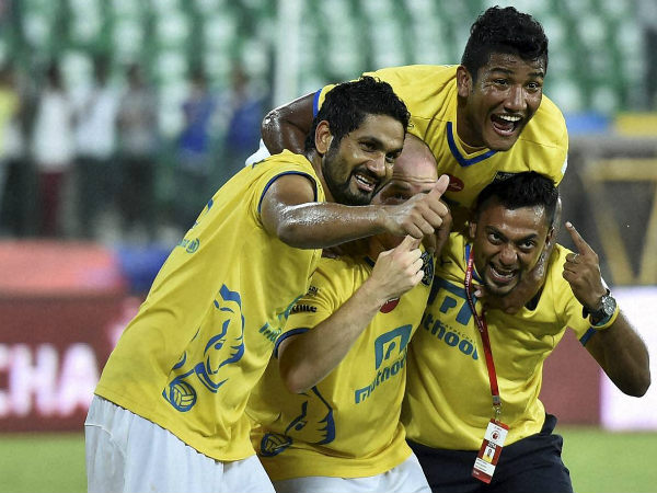 Kerala players rejoice after winning their semi-final against Chennaiyin Kerala players rejoice after winning their semi-final against Chennaiyin