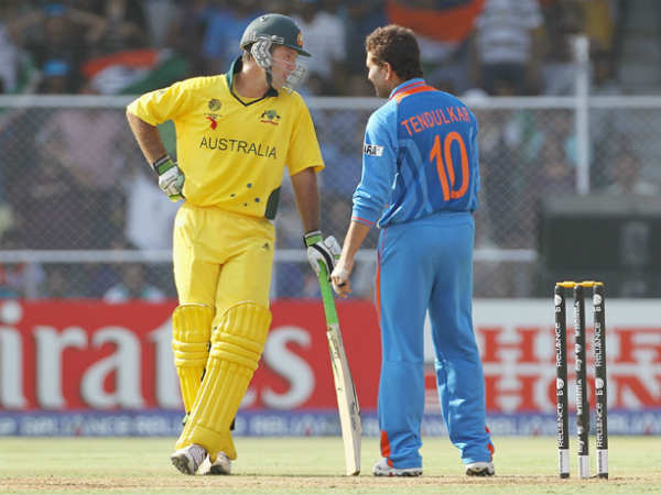 Ponting (left) and Tendulkar during 2011 World Cup