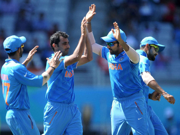 Mohammed Shami (centre) celebrates one of his wickets at World Cup 2015 Mohammed Shami (centre) celebrates one of his wickets at World Cup 2015