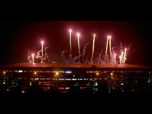 Fireworks explode at the Salt Lake Stadium during the IPL 2015 opening night in Kolkata on Tuesday