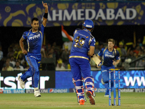 Stuart Binny of Rajasthan Royals celebrates the wicket of Rohit Sharma