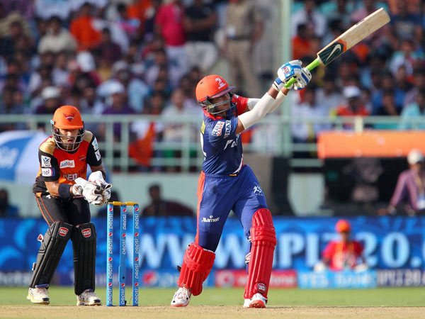 Shreyas Iyer of the Delhi Daredevils hits over the top for six 
