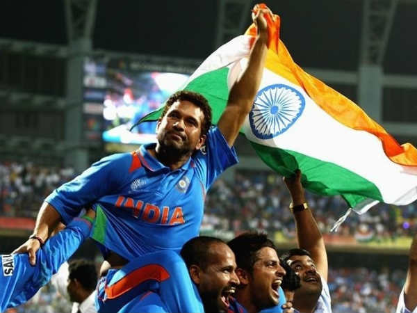 Tendulkar carried around the Wankhede Stadium by his teammates after winning the 2011 World Cup