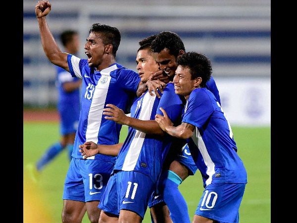 Indian players celebrate their goal, scored by Sunil Chhetri (11)