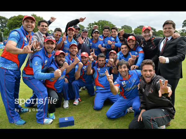 Afghanistan players after the victory. Photo: Omani players celebrate after the win. Photo: ©ICC/Sportsfile