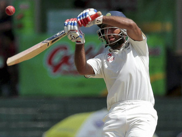 Pujara plays a shot in the first innings