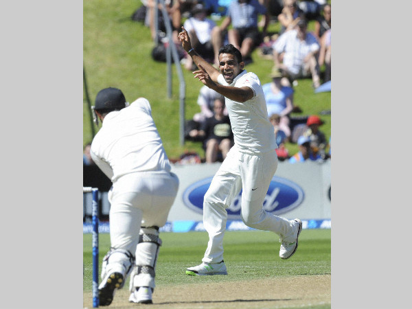Zaheer celebrates a New Zealand wicket in his last Test, in February 2014 in Wellington