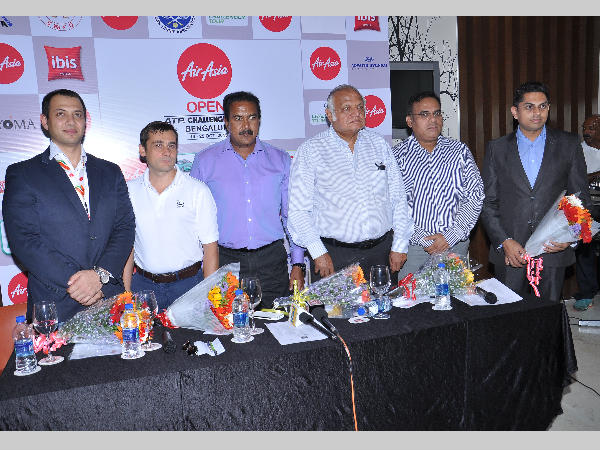 From left: Gaurav Rathore, Commericial Director, Air Asia India, Roberto Rainera, ATP Supervisor from Italy, BNS Reddy, Assistant Commissioner of Police and Treasurer, KSLTA, Ramaswami, Joint Secretary, KSLTA and Sunil Yajaman, Tournament Director at the media briefing of the Air Asia Open on Thursday. 