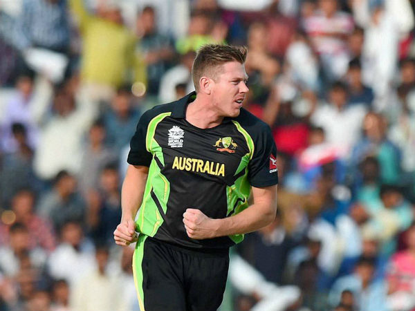 James Faulkner reacts after taking a wicket against Pakistan during their WT20 game in Mohali. He took 5 wickets