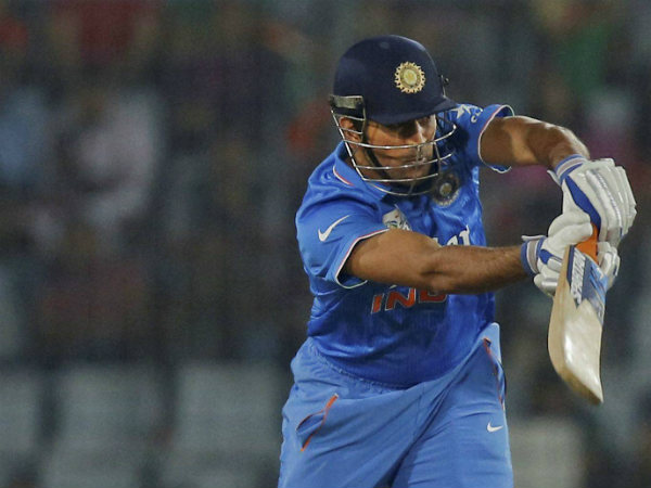 Dhoni plays a shot in the Asia Cup final