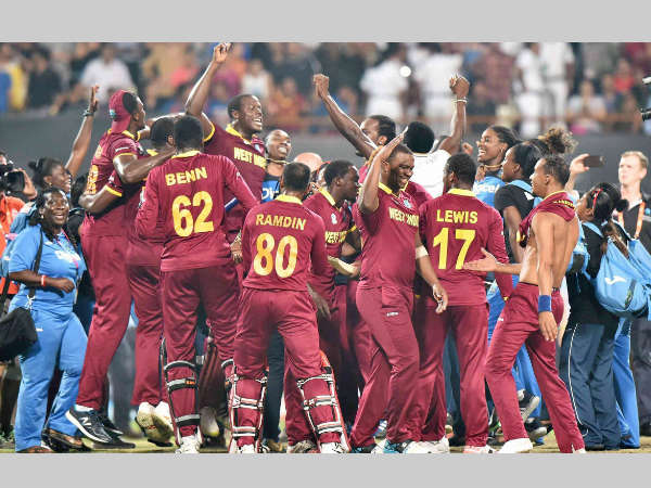West Indies' men and women players celebrate their World T20 wins