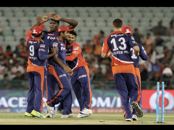 Delhi Daredevils players celebrates the wicket of Sunrisers Hyderabad player Shikhar Dhawan during an IPL 2016 match in Raipur on Friday. 