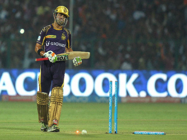 Kolkata Knight Riders captain Gautam Gambhir Run out by Shadab Jakati during an IPL 2016 match against Gujarat Lions at Green Park Stadium in Kanpur on Thursday. 