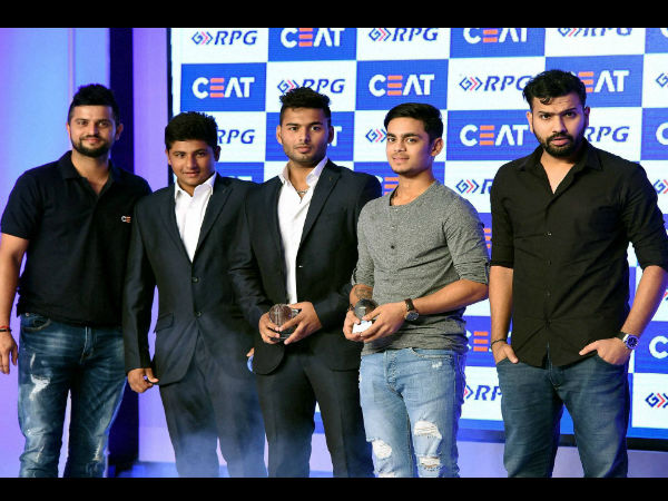Indian cricketer Suresh Raina and Rohit Sharma present the CEAT Cricket Rating young cricketers award to Indian cricketers Sarfaraz Khan, Ishan Kishan and Rishabh Pant in Mumbai on Monday. Indian cricketer Suresh Raina and Rohit Sharma present the CEAT Cricket Rating young cricketers award to Indian cricketers Sarfaraz Khan, Ishan Kishan and Rishabh Pant in Mumbai on Monday.