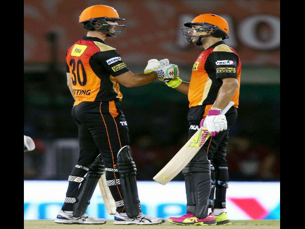 Ben Cutting of Sunrisers Hyderabad and Yuvraj Singh of Sunrisers Hyderabad celebrate as Sunrisers Hyderabad beat Kings XI Punjab by 7 wickets an IPL match in Mohali on Sunday.