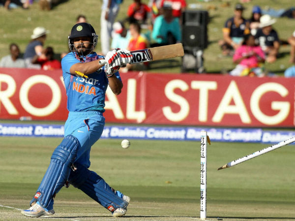 Indian batsman Kedar Jadhav is bowled out during the T20 International cricket match against Zimbabwe at Harare Sports Club, on June, 18, 2016. 
