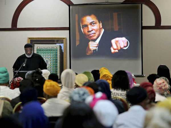  Imam Nadim Ali delivers the closing remarks during an interfaith memorial service for Muhammad Ali at the Atlanta Masjid of Al-Islam on Thursday, June 9, 2016, in Atlanta