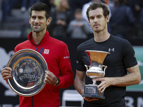 File photo: Andy Murray, right, and Novak Djokovic show their trophies following the final match of the Italian Open tennis tournament, in Rome, Sunday, May 15, 2016. Murray won 6-3, 6-3. File photo: Andy Murray, right, and Novak Djokovic show their trophies following the final match of the Italian Open tennis tournament, in Rome, Sunday, May 15, 2016. Murray won 6-3, 6-3.
