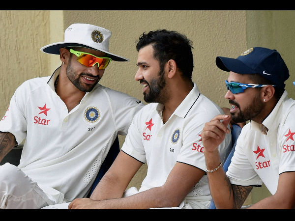 Cricketer Shikhar Dhawan, Rohit Sharma and Murali Vijay during a practice match on the fifth day of the preparatory camp ahead of West Indies tour in Bengaluru