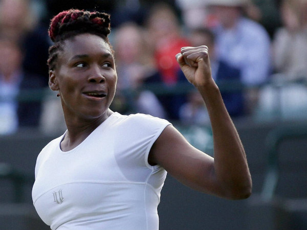 Venus Williams of the U.S celebrates after winning her women's singles match against Daria Kasatkina of Russia