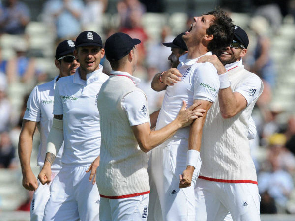 England's Steven Finn celebrates after bowling Pakistan captain Misbah-ul-Hag, caught by England’s Jonny Bairstow during day five of the 3rd test cricket match at Edgbaston. England's Steven Finn celebrates after bowling Pakistan captain Misbah-ul-Hag, caught by England’s Jonny Bairstow during day five of the 3rd test cricket match at Edgbaston.