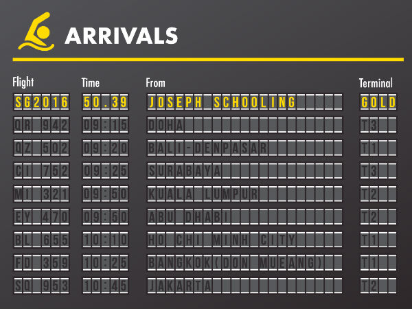 Flight Information Display System (FIDS) at Singapore's Changi Airport announces the arrival of gold from Joseph Schooling