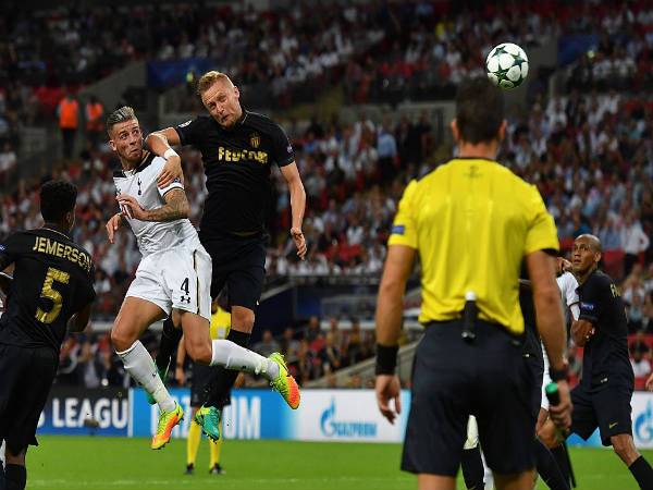 Tottenham's Toby Alderweireld (white) clashes with Monaco players (Image courtesy: Tottenham Twitter handle) Tottenham's Toby Alderweireld (white) clashes with Monaco players (Image courtesy: Tottenham Twitter handle)