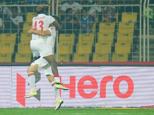 Delhi's Richard Gadze (left, 43) celebrates his goal with a team-mate Delhi's Richard Gadze (left, 43) celebrates his goal with a team-mate