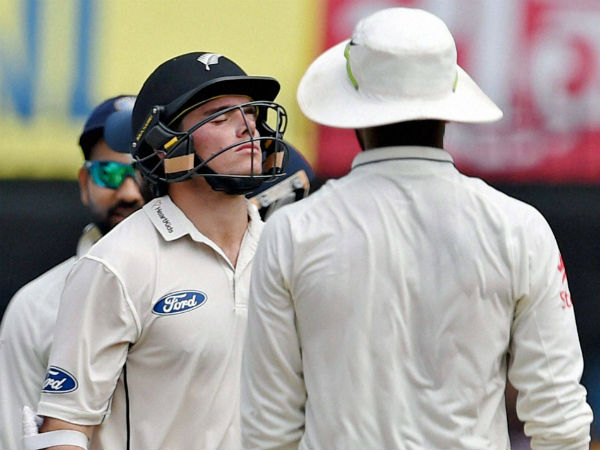 New Zealand batsman Tom Lathom reacts after he was dismissed on the third day of the third test match being played against India in Indore on Monday.