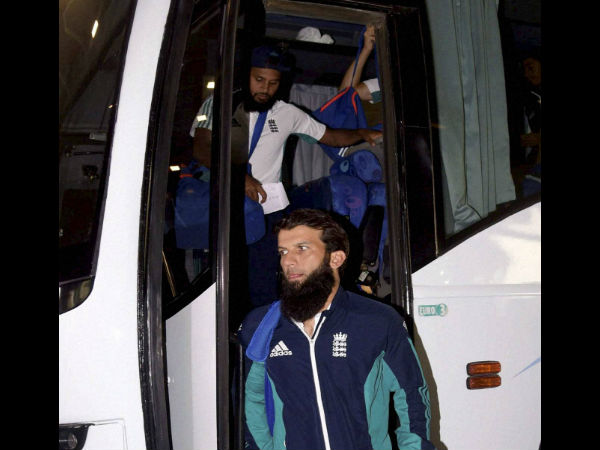  England cricket team players arrive in bus at a hotel in Mumbai on Wednesday.