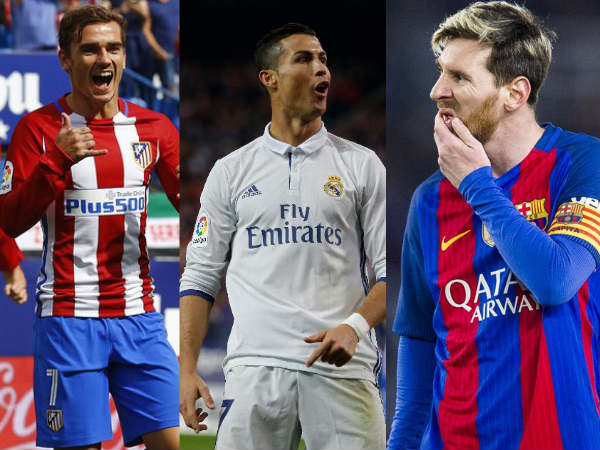 From left: Antoine Griezmann, Cristiano Ronaldo, Lionel Messi From left: Antoine Griezmann, Cristiano Ronaldo, Lionel Messi