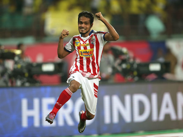 Jewel Raja Shaikh of Atletico de Kolkata celebrates after scoring the winning shot during penalty shootout against Kerala Blasters FC in Kochi.