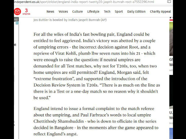 The Independent questioned umpiring