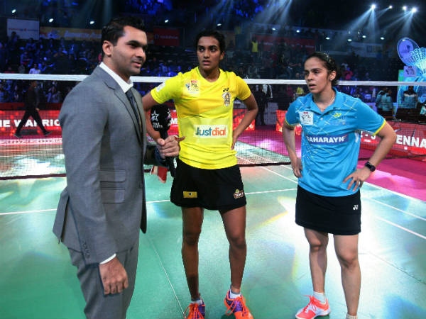 Sindhu and Saina before the start of their PBL match