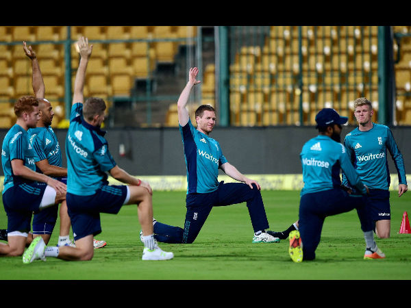 England players stretching during practice session