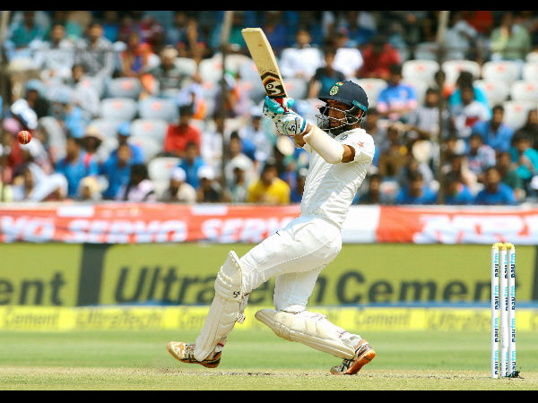 Cheteshwar Pujara of India on action against Bangladesh during the 4th day test match at Uppal stadium in Hyderabad on Sunday.
