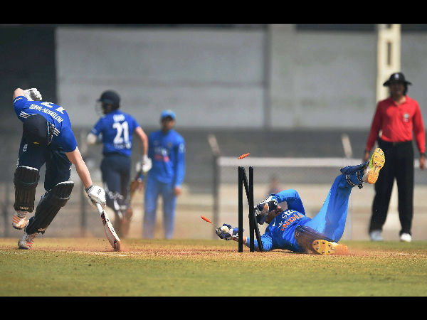 England's U-19 player Jack Blatherwick gets dismissed during the Youth ODI match against India at Brabourne Stadium in Mumbai on Friday.
